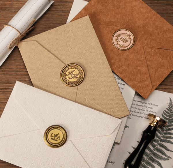 Elegant envelopes with wax seals on wood.